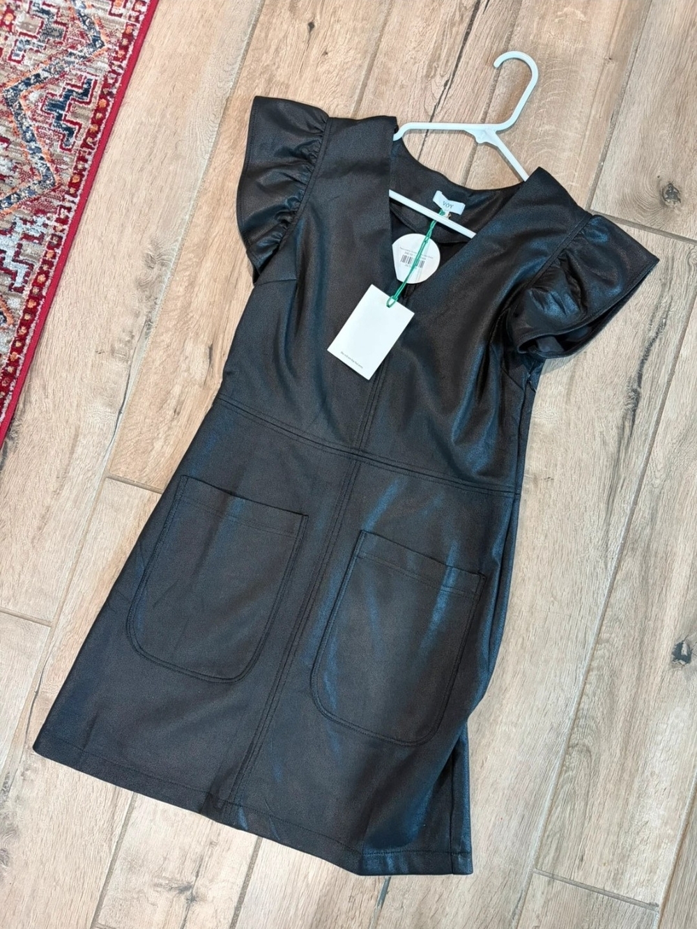 Black Faux Leather Puff-Sleeve Shift Dress with Patch Pockets